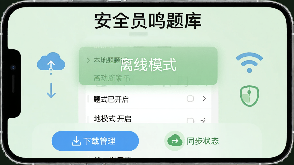 安全员鸣题库离线刷题功能展示图,画面中央一部手机屏幕显示离线模式已开启提示和本地题库列表,上方标注安全员鸣题库,下方有下载管理按钮和同步状态图标,背景为浅绿色,风格为工具类应用界面,细节包括云同步箭头和WiFi图标,画质高清干净无多余元素