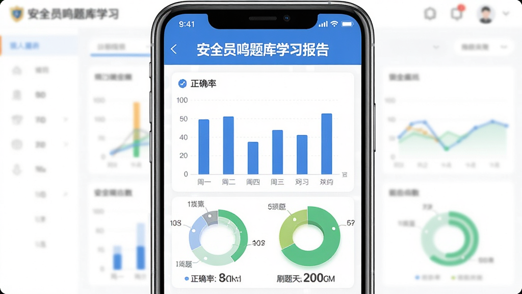 安全员鸣题库学习数据统计界面展示图,画面中央一部手机屏幕显示柱状图和饼状图,上方有安全员鸣题库学习报告标题,下方显示正确率和刷题天数,背景为白色,风格为数据可视化仪表盘,细节包括蓝色柱状图和绿色环形图,画质高清干净无多余元素