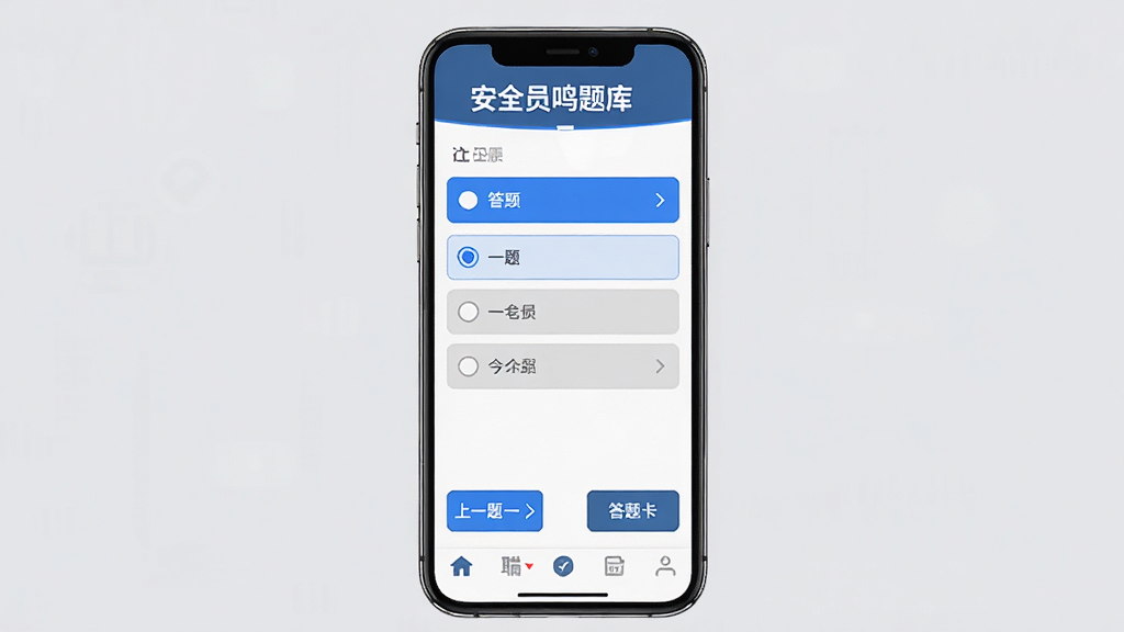 安全员鸣题库手机端操作界面展示图,画面中央一部手机屏幕显示答题页面和底部导航栏,上方标注安全员鸣题库,下方有上一题下一题按钮和答题卡入口,背景为浅灰色,风格为移动应用操作示意图,细节包括蓝色选中选项和灰色未选选项,画质高清干净无多余元素