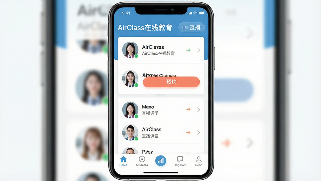 һ��չʾAirClass���߽����ƶ��˲��������ͼƬ����������Ϊ�ֻ���Ļ����Ļ����ʾ�γ�ԤԼ��ֱ�����ý��棬���ֲ������·����Ű棬���Ϊ��ˬ���ƶ�Ӧ��UIչʾ�磬ϸ�ڰ����ײ�����������ʦͷ���б���ԤԼ��ť������״̬ͼ�꣬���ʸ��壬����ɾ����޶���Ԫ�أ�ͼƬ�����ֱ�ע��AirClass���߽�������
