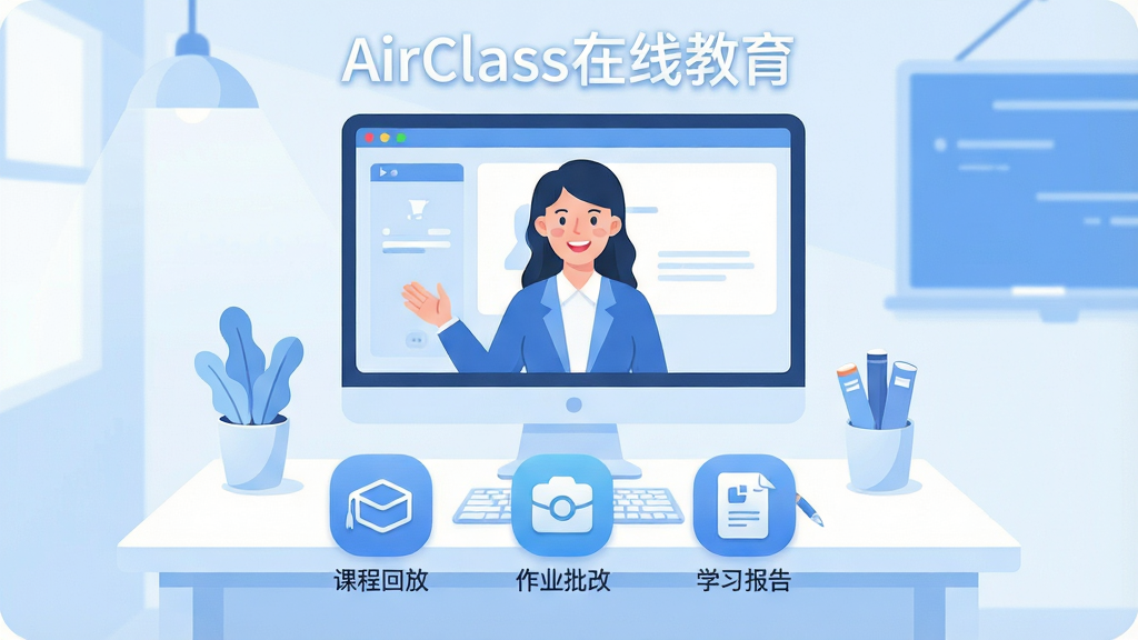 һ��չʾAirClass���߽�������ȫò��ͼƬ���������������������߽��ҳ�����һλ�����ʦ������Ļ��΢Ц���ڿΣ���Ļ�·��пγ̻طš���ҵ���ġ�ѧϰ�����ͼ�껷�ƣ����岼�ֲ��þ��жԳ��Ű棬���Ϊ����������ִ������廭�磬ϸ�ڰ�����͵�������ɫ��Բ���ͼ���Ե���ɾ����������������ʸ��壬����ɾ����޶���Ԫ�أ�ͼƬ�����ֱ�ע��AirClass���߽�������