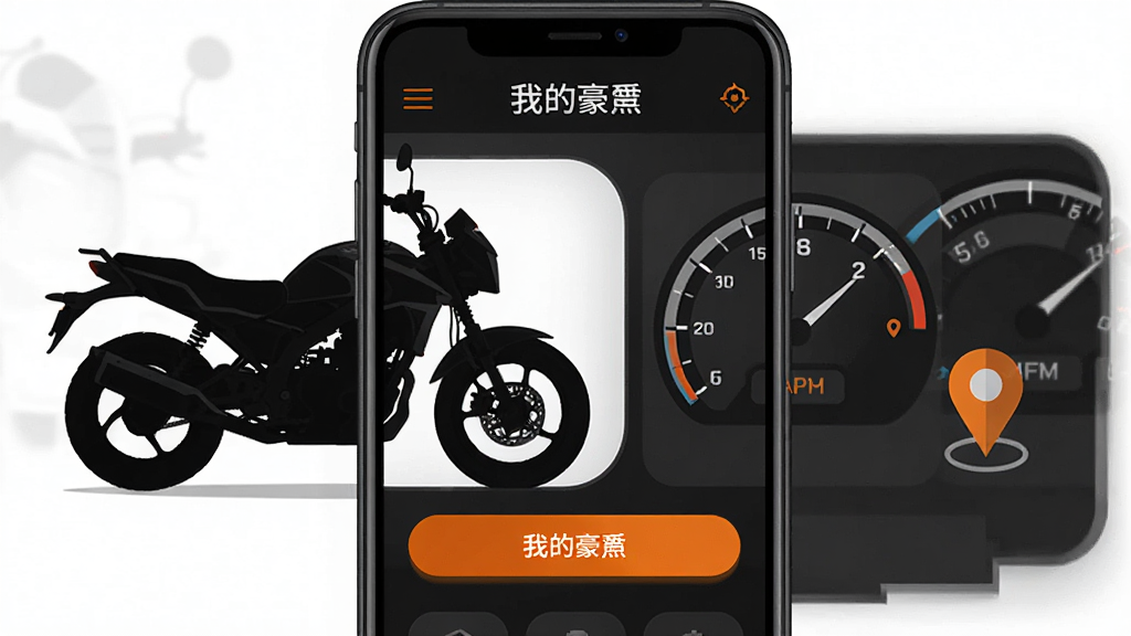 画面中央是一部智能手机,屏幕上显示“我的豪爵”APP主界面,界面采用深色背景与橙色高亮按钮,左侧是一辆豪爵摩托车轮廓,右侧是仪表盘与定位图标,整体布局简洁科技感强,扁平化设计风格,细节清晰,画质干净,无多余元素
