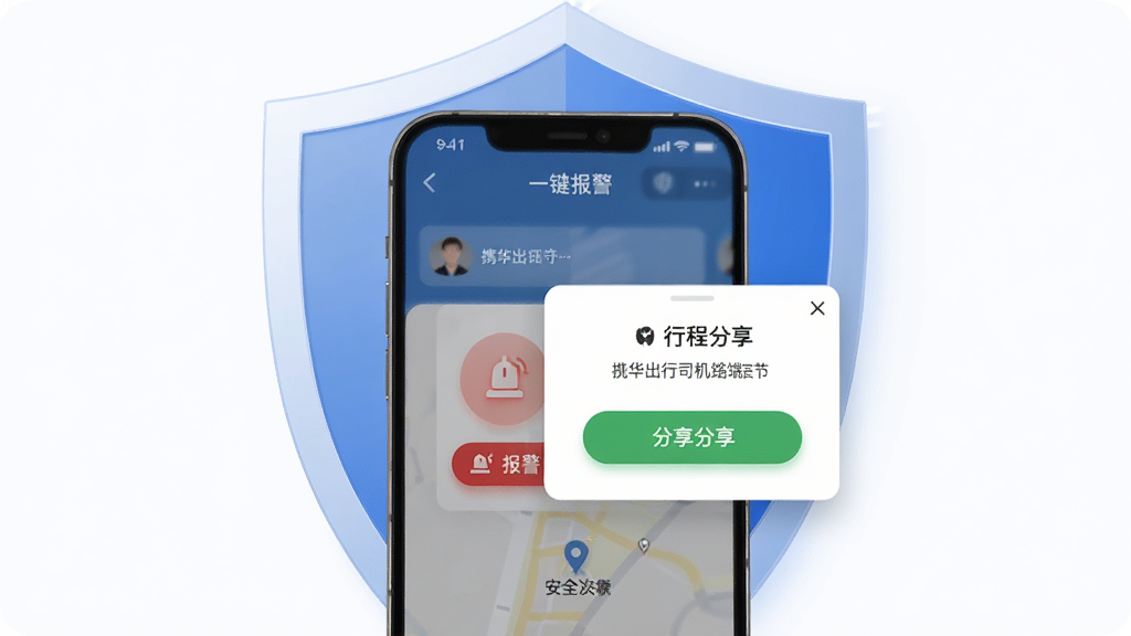 Я������˾���˼��ٰ氲ȫ���ܽ���ͼ������Ϊ�ֻ���Ļ��ʾһ��������ť���г̷�������������Ϊ������״���������Ϊ��ȫ�ػ��磬ϸ�ڰ�����ɫ����ͼ�ꡢ��ɫ������ť����λ��ǣ����ʸ��壬�ɾ����޶���Ԫ�ء�
