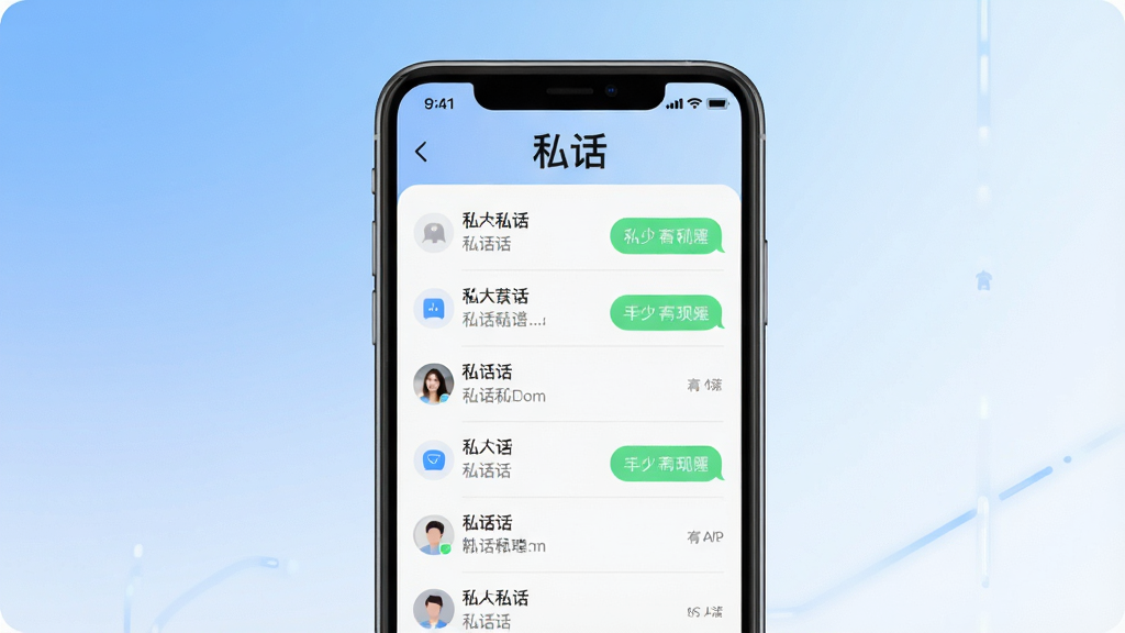 一张展示私话APP主界面的概念图,画面中央是一部智能手机,屏幕显示私话聊天列表界面,顶部有“私话”文字标识,整体布局简洁,背景为柔和的蓝白渐变,风格现代科技感,细节清晰,画质干净,无多余元素