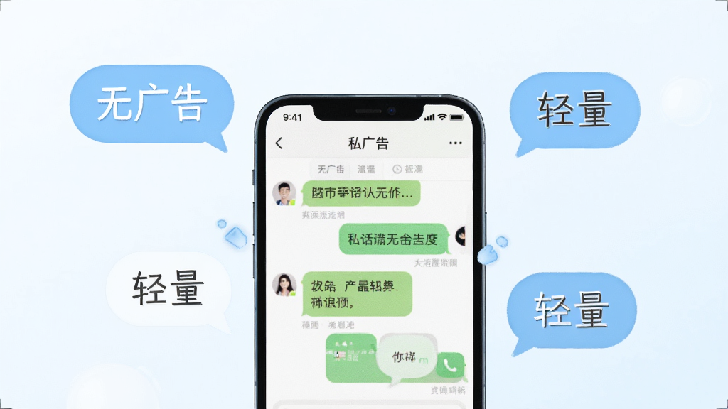 一幅表现私话轻量无广告特点的视觉图,画面主体为一部手机显示私话聊天界面,周围环绕着“无广告”“轻量”等文字气泡,布局简洁,风格清新浅色,细节清晰,画质干净,无多余元素
