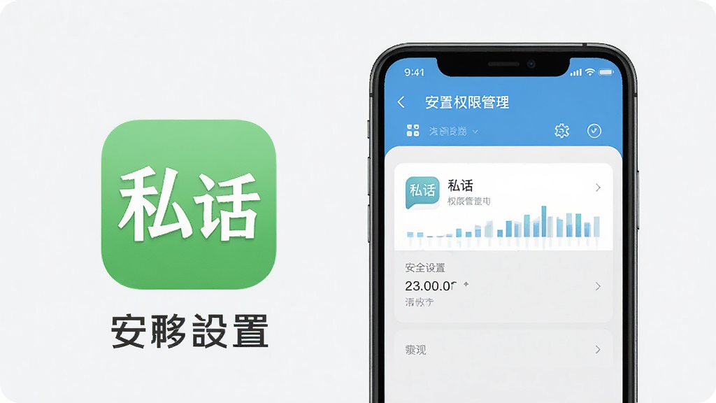 一张展示私话在手机上安装与权限设置的界面截图风格图,画面中手机屏幕显示权限管理页面,旁边有“私话”图标和“安全设置”文字,布局居中,风格清爽素雅,细节清晰,画质干净,无多余元素