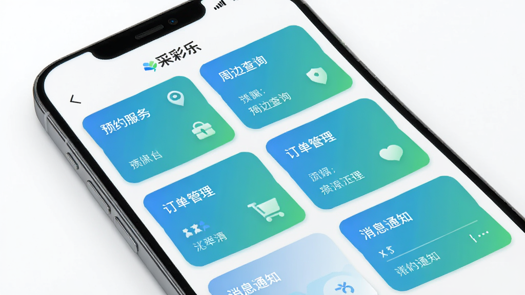 一款名为采彩乐的手机应用功能展示图,画面以手机屏幕为主体,屏幕内以卡片式布局展示多个生活服务模块,包括预约服务、周边查询、订单管理、消息通知等,卡片配色以蓝绿渐变为主,背景为干净的白色,整体风格简约商务,细节精致,画质清晰,无杂乱元素