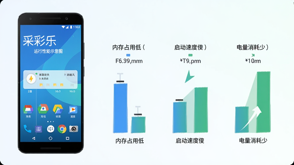 采彩乐应用运行性能示意图,画面左侧为一部安卓手机,右侧以简洁的数据图表形式展示内存占用低、启动速度快、电量消耗少三项指标,图表配色为蓝绿系,背景为浅色渐变,整体风格干净清爽,适合软件介绍配图