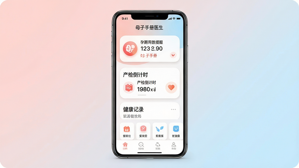 母子手册医生应用主界面预览图,画面中央展示一部智能手机,屏幕内显示母子手册医生APP的首页,包含孕期周数提醒、产检倒计时、健康记录卡片等模块,背景为温馨的淡粉色与浅蓝色渐变,主体突出,布局居中,排版整齐,风格清新医疗健康风,细节包含圆角图标与柔和阴影,画质高清,干净无多余元素