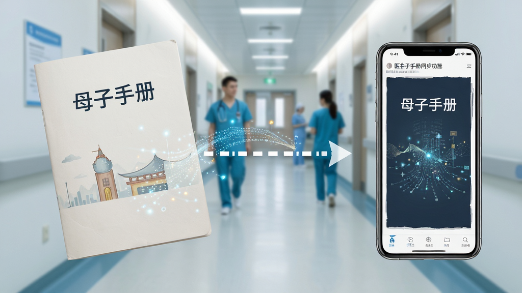 母子手册医生电子手册同步功能展示图,画面左侧为纸质母子手册,右侧为手机屏幕显示电子手册界面,中间用虚线箭头表示同步过程,背景为医院走廊虚化场景,主体为手机与手册,布局左右对比,排版简洁,风格写实科技感,细节包含数据流动粒子效果,画质清晰,干净无多余元素