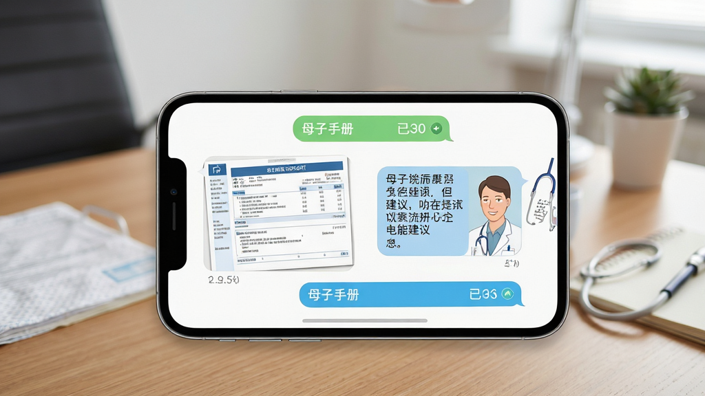 母子手册医生医患沟通界面示意图,画面展示手机聊天窗口,左侧为患者发送的检查报告图片,右侧为医生回复的文字建议,背景为诊室桌面,主体为手机屏幕,布局居中,排版对话气泡样式,风格专业亲切,细节包含时间戳与已读标识,画质清晰,干净无多余元素