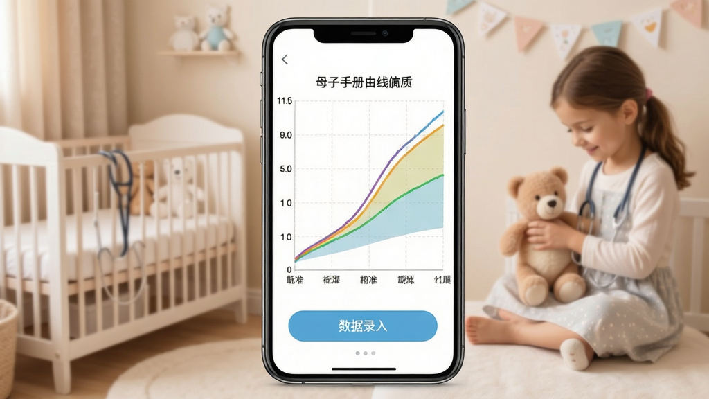 母子手册医生生长曲线记录功能展示图,画面中央手机屏幕显示一条平滑上升的婴儿体重曲线图,下方有数据录入按钮,背景为婴儿房场景,主体为手机,布局居中,排版图表清晰,风格温馨育儿风,细节包含彩色曲线与标准范围阴影,画质高清,干净无多余元素