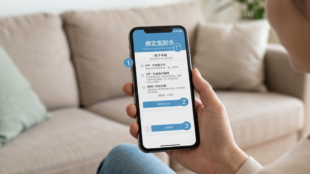 母子手册医生新手操作示意图,画面展示一只手拿着手机,屏幕显示绑定医院步骤界面,背景为居家沙发场景,主体为手机与手,布局居中,排版简洁,风格生活化教学风,细节包含步骤数字标注,画质清晰,干净无多余元素