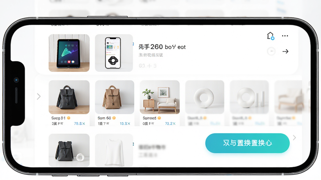 手闲置换物市场应用主界面展示,主体为一部智能手机,屏幕显示二手物品列表与置换按钮,布局居中,排版简洁,风格现代清新,细节包含闲置数码、家居用品缩略图,画质高清,干净,无多余元素