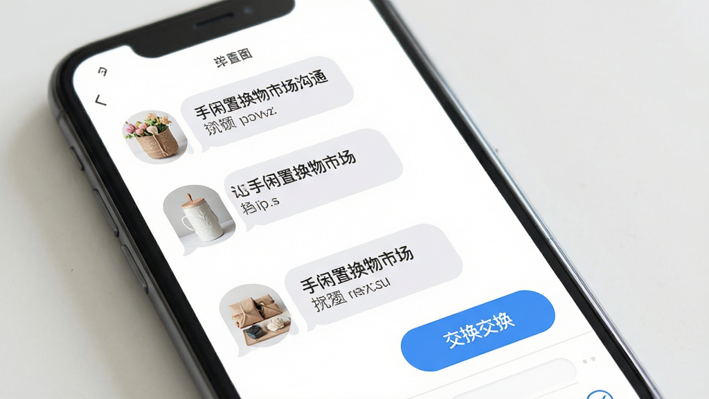 手闲置换物市场聊天沟通界面,主体为手机屏幕展示对话气泡,布局左右对话排版,风格清爽友好,细节包含物品缩略图与交换按钮,画质高清,干净,无多余元素