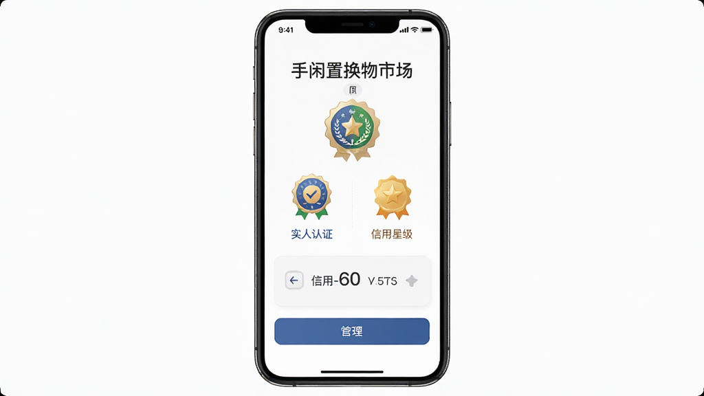 手闲置换物市场信用认证页面,主体为手机屏幕展示实名认证与信用星级,布局居中排版,风格正式稳重,细节包含认证徽章与信用分数,画质高清,干净,无多余元素