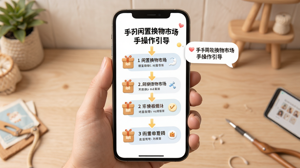 手闲置换物市场新手操作引导页面,主体为手机屏幕展示步骤提示,布局分步排版,风格友好亲切,细节包含箭头指引与提示气泡,画质高清,干净,无多余元素