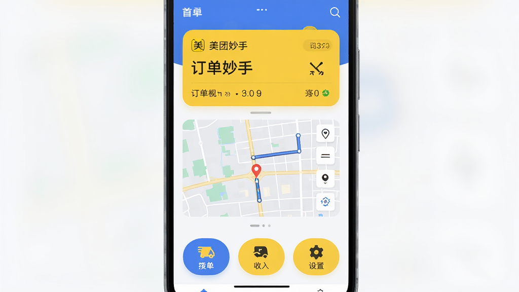 美团妙手 安卓手机主界面预览图,画面中央展示一款蓝黄配色的骑手辅助应用首页,顶部显示订单概览卡片,中部为路线规划地图缩略图,底部排列接单、收入、设置三个图标按钮,整体布局简洁清晰,风格为扁平化移动端UI设计,细节包含圆角卡片与轻微阴影,画质干净无多余元素,适合下载站软件预览展示