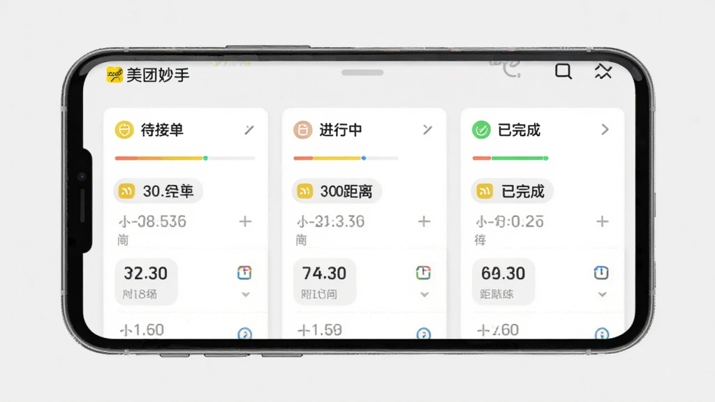 美团妙手 订单聚合看板界面预览图,画面主体为手机屏幕内展示三列订单卡片,分别标注待接单、进行中、已完成,卡片上带有时间与距离标签,背景为浅灰色,风格为清爽移动端UI,细节包含彩色状态条与图标,画质清晰干净,画面中带文字