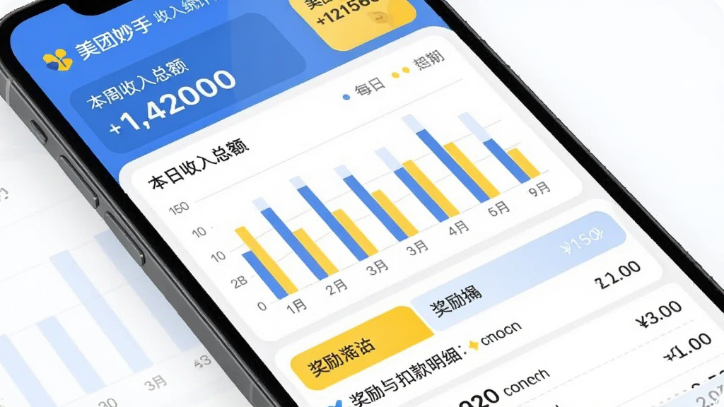 美团妙手 收入统计页面预览图,画面展示手机屏幕内的柱状图与列表组合界面,顶部为本周收入总额,中部为每日收入柱状图,底部为奖励与扣款明细列表,风格为现代扁平化数据可视化设计,细节包含蓝黄配色与圆角卡片,画质干净无杂乱元素,画面中带文字