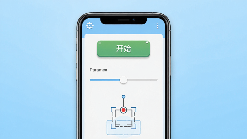 一张展示连点器自动点击软件主界面的手机截图,画面中央是手机屏幕,屏幕上显示连点器自动点击的应用界面,包含开始按钮、参数设置滑块和点击位置标记,背景为浅蓝色渐变,布局简洁清晰,风格为现代扁平化UI设计,细节包括按钮的微阴影和图标的高光,画质清晰,干净,无多余元素