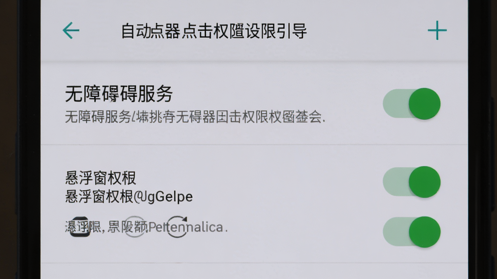 连点器自动点击权限设置引导页面,画面展示手机屏幕上的权限开关列表,包括无障碍服务和悬浮窗权限,背景为浅灰色系统设置界面,风格为原生安卓风格,细节包括绿色开关按钮和权限说明文字,画质清晰,干净,无多余元素
