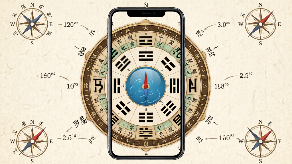 周易罗盘指南针手机应用主界面展示,画面中央是一部竖屏智能手机,屏幕上显示精致的传统风水罗盘图案,罗盘包含天池、内盘八卦符号、外盘二十四山刻度,背景为淡雅米黄色宣纸纹理,四周点缀指南针指针与方位角度数字,整体布局居中对称,风格为中国传统古典与科技简约融合,细节清晰呈现罗盘刻度与文字标注,画质高清干净,无多余装饰元素