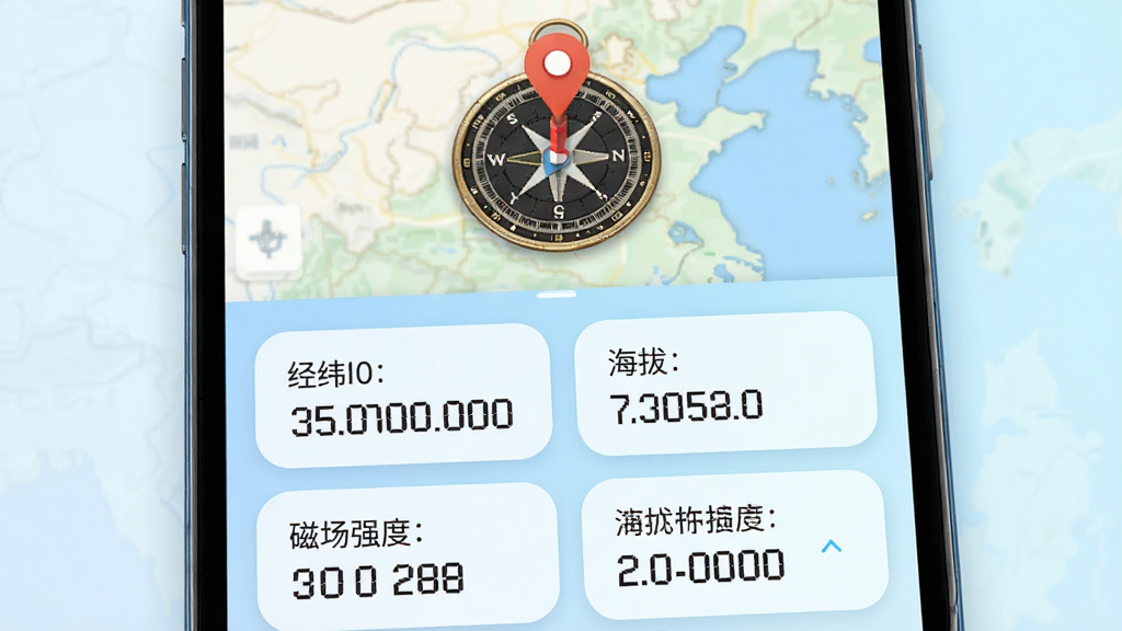 周易罗盘指南针定位与数据面板展示,画面为手机屏幕界面,上半部分显示地图定位标记,下半部分列出经纬度、海拔、磁场强度等数据卡片,卡片采用浅色圆角设计,背景为淡蓝渐变,风格清新简洁,细节呈现数字清晰可读,画质高清干净,无多余元素