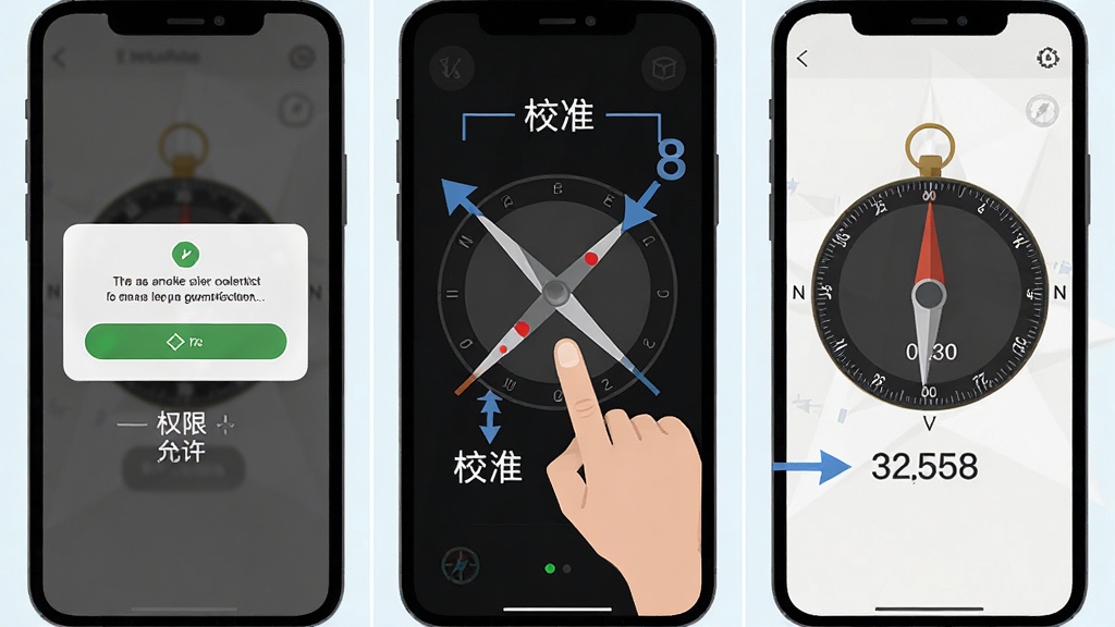 周易罗盘指南针新手操作示意图,画面为手机屏幕分步截图组合,第一步显示权限允许弹窗,第二步显示罗盘校准画8字手势,第三步显示指南针稳定读数界面,布局为三格横向排列,风格为扁平化教程插图,细节清晰标注箭头与文字说明,画质高清干净,无多余元素