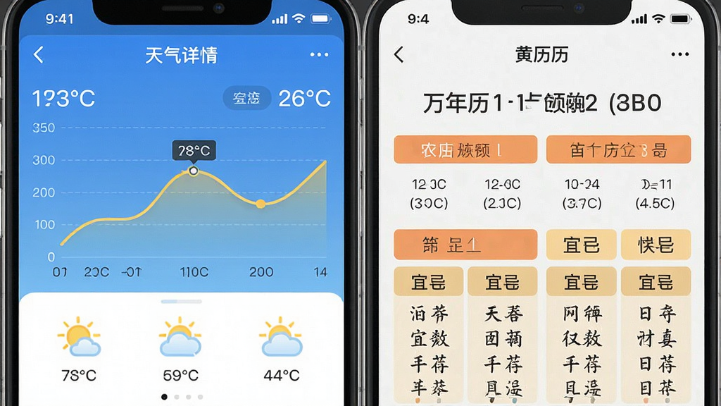 万年历天气预报应用的功能展示图,画面分为左右两部分,左侧为天气详情页,显示温度曲线与天气图标,右侧为黄历页面,展示农历日期与宜忌文字。布局采用对比展示,风格清新简洁,细节上突出数据图表与文字排版,画质清晰,干净无多余元素。