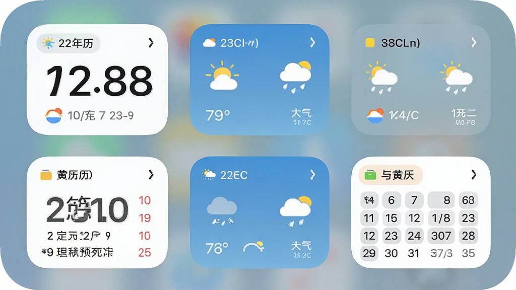 万年历天气预报桌面小组件展示图,画面为手机主屏幕,放置了多个尺寸的小组件,分别显示日期、天气与黄历信息。布局为桌面网格排列,风格简约现代,细节上突出小组件的圆角设计与信息层级,画质清晰,干净无多余元素。