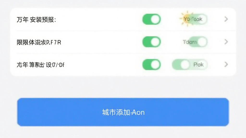 万年历天气预报安装设置界面示意图,画面为手机屏幕显示权限设置与城市管理页面。布局为上下结构,上方为权限开关列表,下方为城市添加按钮。风格为扁平化系统界面,细节上突出开关状态与按钮颜色,画质清晰,干净无多余元素。
