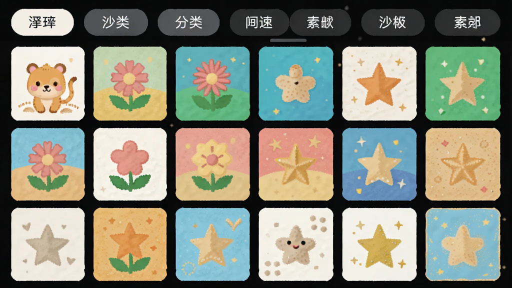 画个沙子极速版素材库界面,主体为网格排列的沙画模板缩略图,布局为手机竖屏展示,排版上方为分类标签栏,风格扁平化设计,细节包含动物、花朵、星星等图案缩略图,画质清晰干净无多余元素