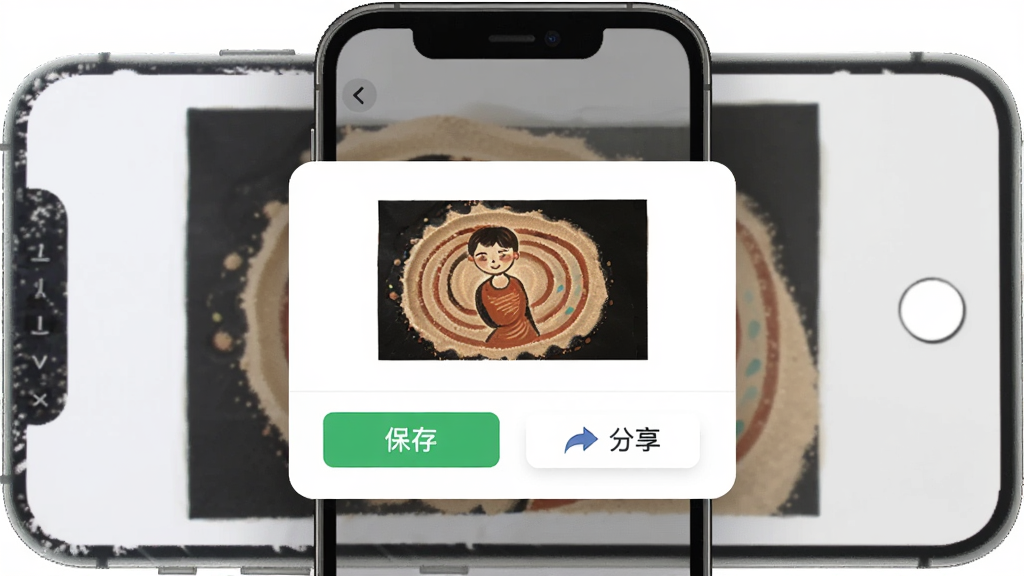 画个沙子极速版作品保存与分享界面,主体为手机屏幕显示沙画作品预览图,布局为居中弹窗样式,排版下方为保存与分享按钮,风格简洁明快,细节包含沙画作品缩略图与分享图标,画质清晰干净无多余元素