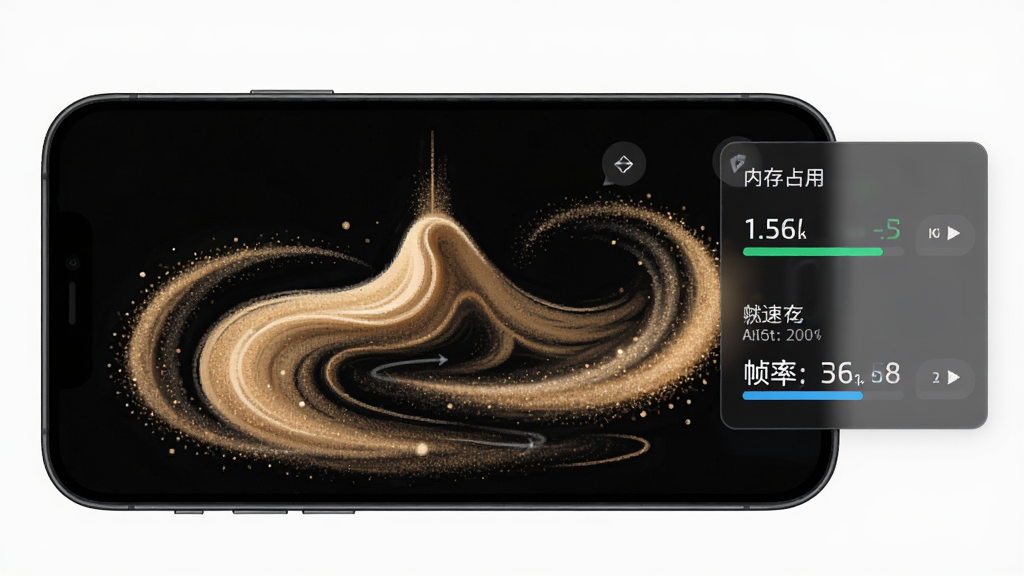 画个沙子极速版运行状态示意图,主体为手机屏幕展示沙画绘制过程,布局为手机侧视图搭配性能参数浮层,排版右侧显示内存占用与帧率数据,风格科技简约,细节包含流畅曲线与沙粒轨迹,画质清晰干净无多余元素