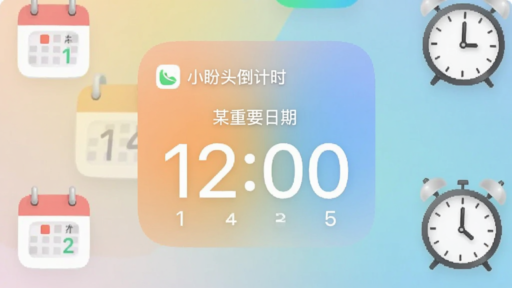 一张手机桌面截图风格的图片,画面中央展示小盼头倒计时应用的桌面小组件,小组件上显示距离某个重要日期的天数,背景为柔和的渐变色,周围环绕着日历图标和时钟元素,整体风格清新简约,布局居中,画质清晰干净,无多余元素