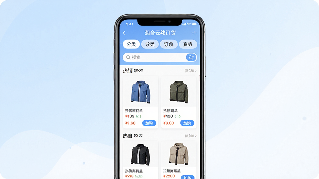 一张展示润合云线上订货APP手机端首页的预览图,画面中央为竖屏手机,屏幕内显示商品分类导航、搜索框与热销商品卡片列表,背景为浅蓝与白色渐变的简洁电商风格,布局干净整齐,排版清晰,细节包括商品缩略图、价格标签与加购按钮,整体风格现代商务、清爽明快,画质高清,干净,无多余元素