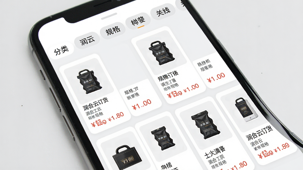润合云线上订货APP商品列表界面展示图,画面为手机屏幕特写,屏幕内呈现商品网格布局,每件商品配有缩略图、名称、规格与价格,顶部有分类标签栏,整体采用白色卡片与浅灰背景搭配,风格简洁清新,排版规整,细节清晰,画质高清,干净,无多余元素