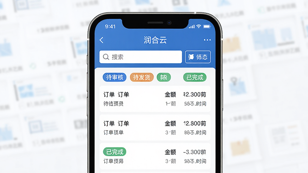 润合云线上订货订单管理页面预览图,手机屏幕内显示订单列表与状态标签,包含待审核、待发货、已完成等分类,页面有搜索框与筛选按钮,布局为上下结构,风格简约商务,配色以蓝白为主,细节包括订单编号、金额与时间信息,画质高清,干净,无多余元素