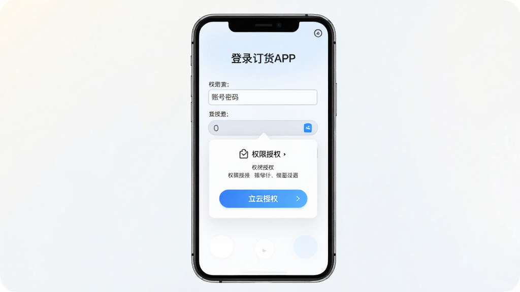润合云线上订货APP登录与权限设置界面示意图,手机屏幕内显示账号密码输入框与权限授权弹窗,背景为浅色渐变,布局居中,风格简洁清晰,细节包括按钮高亮与提示文字,画质高清,干净,无多余元素