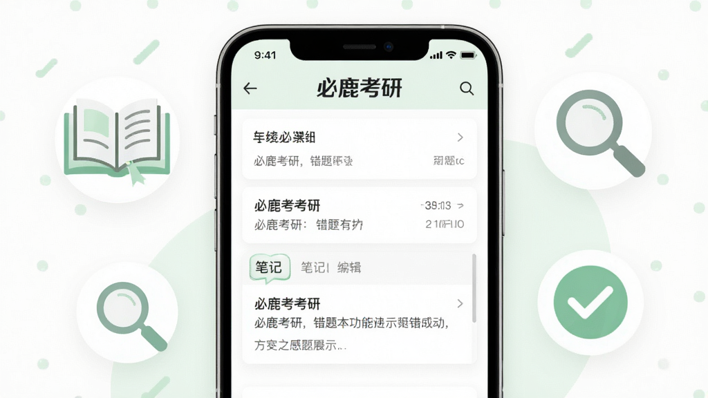 必鹿考研错题本功能展示,画面为手机屏幕显示错题列表与笔记编辑框,屏幕上方有“必鹿考研”标识,周围有书本、放大镜、对勾图标,布局为上下结构,排版整洁,风格为清新学习风,细节包括浅绿色点缀、白色背景、灰色文字,画质高清,干净,无多余元素