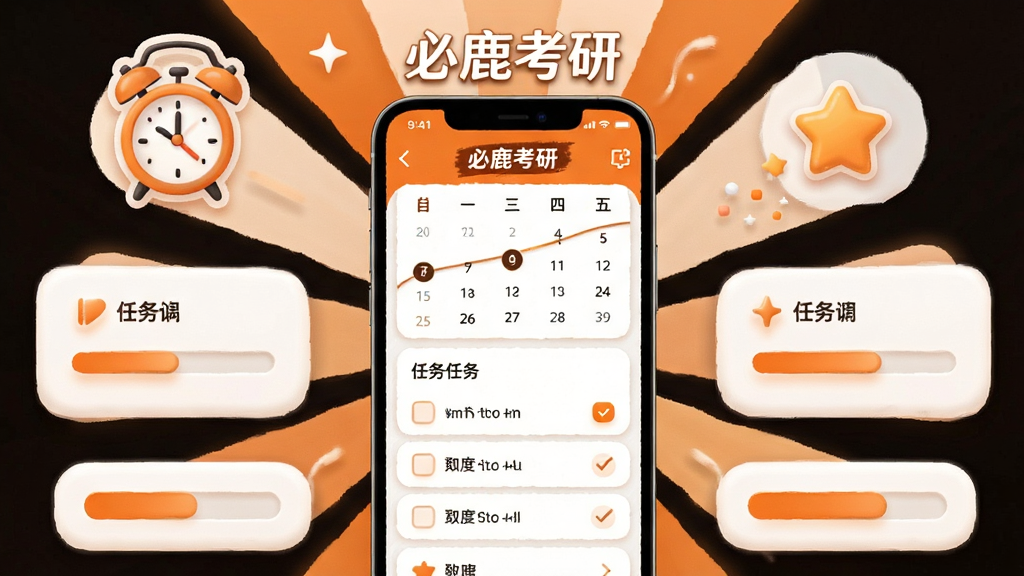 必鹿考研学习计划界面,画面中央为手机屏幕显示日历打卡记录与任务清单,顶部有“必鹿考研”文字,周围有闹钟、星星、进度条元素,布局为居中放射状,排版有序,风格为温暖激励风,细节包括橙色点缀、白色卡片、柔和圆角,画质高清,干净,无多余元素