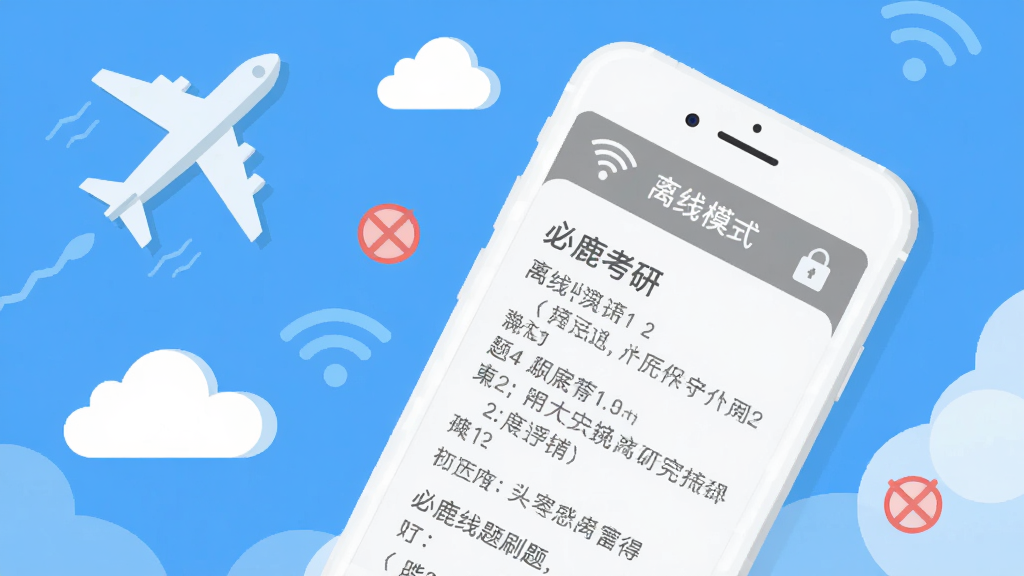 必鹿考研离线刷题场景,画面为手机屏幕显示“离线模式”标识与题目内容,手机周围有飞机、云朵、WiFi关闭图标,布局为对角线构图,排版轻松,风格为扁平插画风,细节包括蓝色天空背景、白色手机、灰色文字,画质高清,干净,无多余元素