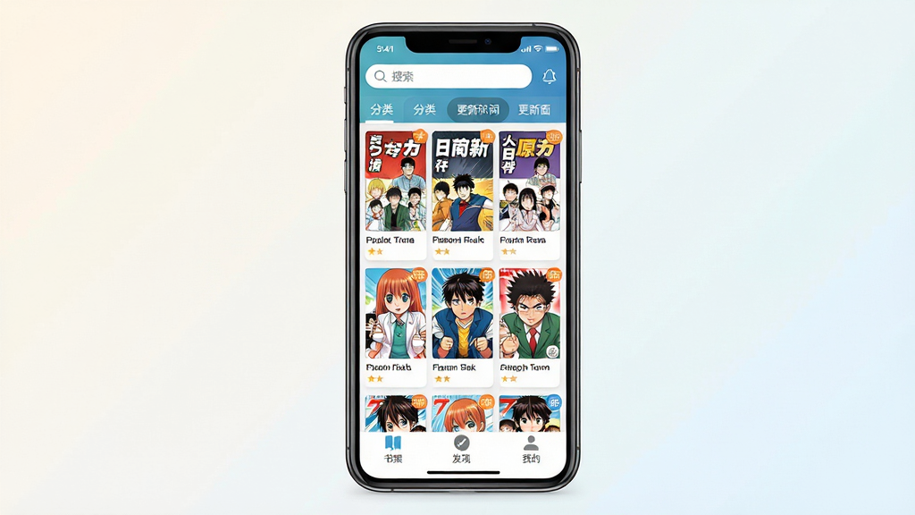 免费漫画大全软件主界面全貌展示,画面中央为手机屏幕,屏幕内呈现漫画封面网格布局,顶部有搜索栏和分类标签,底部有书架、发现、我的导航栏,整体布局清晰,排版整洁,风格为现代扁平化UI设计,细节包括彩色漫画封面、推荐横幅、更新提示角标,画质高清,干净无多余元素,背景为浅色渐变。
