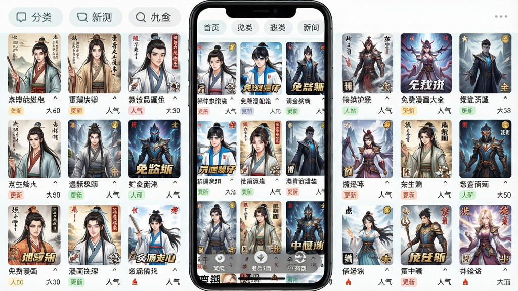 免费漫画大全海量漫画资源库界面,画面展示手机屏幕内密密麻麻的漫画封面排列,封面风格多样,有古风、现代、奇幻等元素,屏幕上方有分类筛选栏,下方有滚动加载效果,整体布局整齐有序,风格为清新浅色系,细节包括漫画标题文字、更新状态标签、人气数值,画质高清,干净无多余元素。