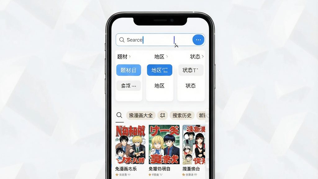 免费漫画大全智能搜索与分类功能展示,画面中央为手机屏幕,屏幕内显示搜索框和分类筛选面板,搜索框内有光标闪烁,分类面板包含题材、地区、状态等选项,下方为搜索结果列表,展示漫画封面和标题,整体布局清晰,排版合理,风格为简约商务风,细节包括筛选按钮高亮、搜索历史标签,画质高清,干净无多余元素。
