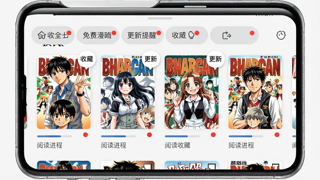 免费漫画大全书架收藏与更新提醒功能,画面中央为手机屏幕,屏幕内展示书架页面,排列着多部漫画封面,封面下方有阅读进度条和更新红点提示,顶部有分组标签,整体布局整齐,风格为浅灰质感,细节包括收藏图标、更新通知气泡,画质高清,干净无多余元素。