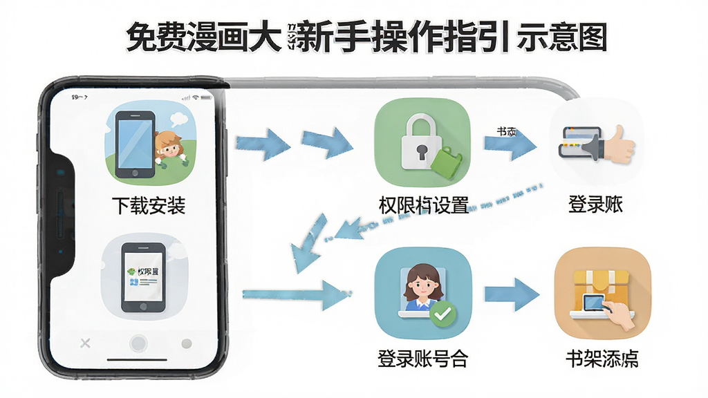 免费漫画大全新手操作指引示意图,画面展示手机屏幕内分步骤操作界面,包括下载安装、权限设置、登录账号、书架添加等步骤图标,整体布局为纵向流程图,风格为扁平化插画风,细节包括箭头指示、文字标注、手机边框,画质高清,干净无多余元素。
