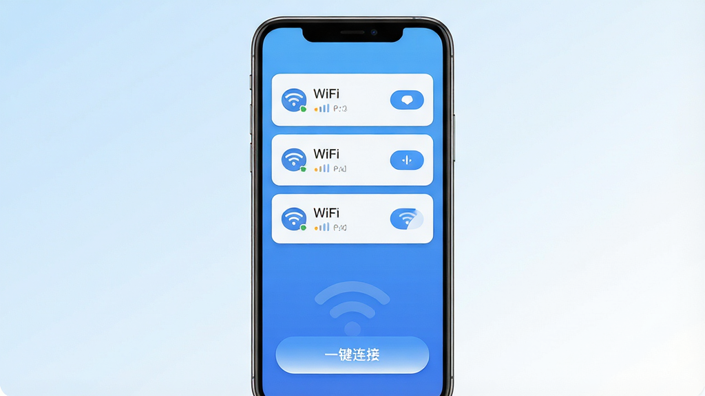 一张展示WiFi万能钥连通软件主界面的竖版手机屏幕截图风格图片,画面中央是一部现代智能手机,屏幕内呈现蓝色渐变背景的WiFi连接界面,顶部显示搜索到的多个WiFi热点列表,每个热点旁有信号强度图标和连接按钮,界面底部有醒目的