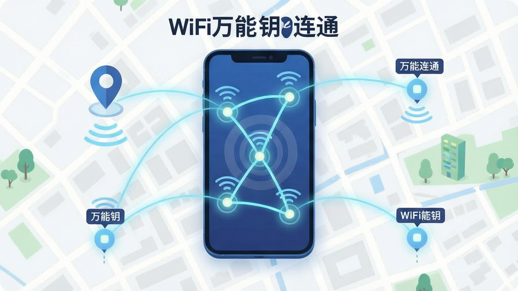 一张展示WiFi万能钥连通智能匹配热点功能的场景图,画面主体是一部手机悬浮在类似城市街区地图的上方,手机屏幕中显示多个WiFi热点以光点形式分布在地图上,光点之间有淡蓝色连线表示智能匹配路径,布局为手机居中、地图环绕,风格为科技感扁平插画风,细节包括定位图标、信号波纹、热点标签,画面中带文字